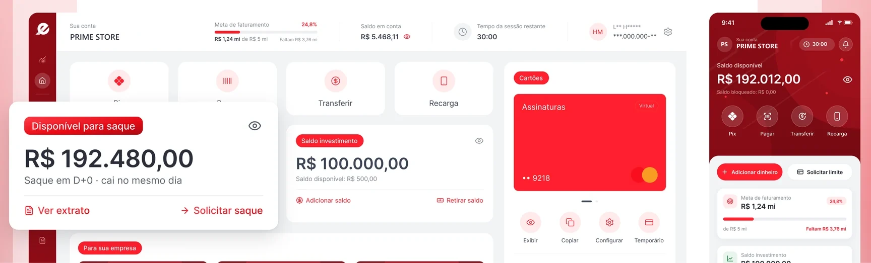 Painel da EvomPayments com saldo disponível para saque e app no celular