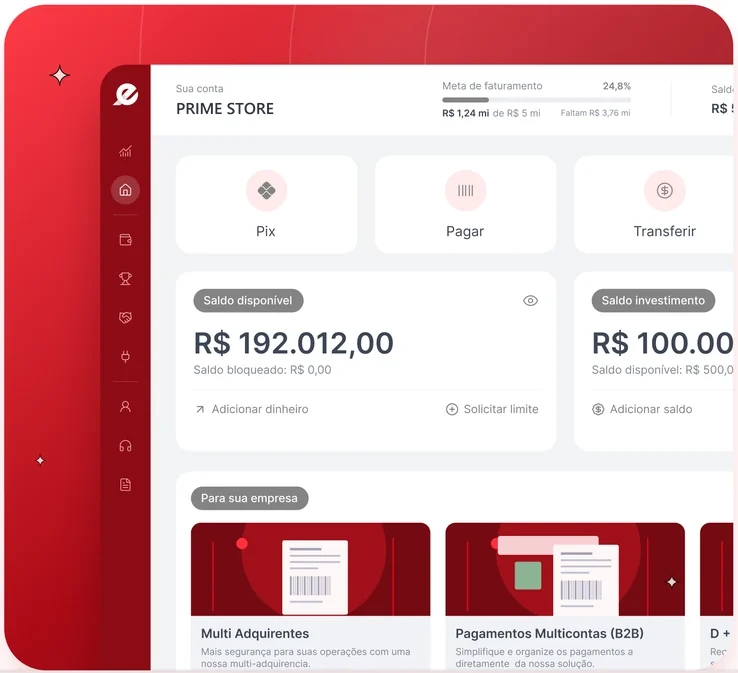 Dashboard financeiro com saldo disponível e atalhos de Pix